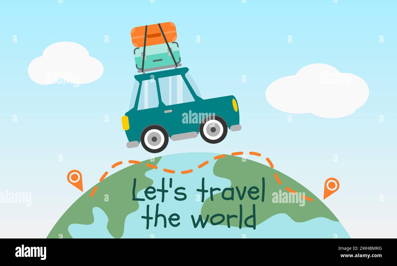 Voyage en voiture et concept de carte. Une voiture sur la planète Terre. Concept Road trip. Illustration vectorielle. Illustration de Vecteur