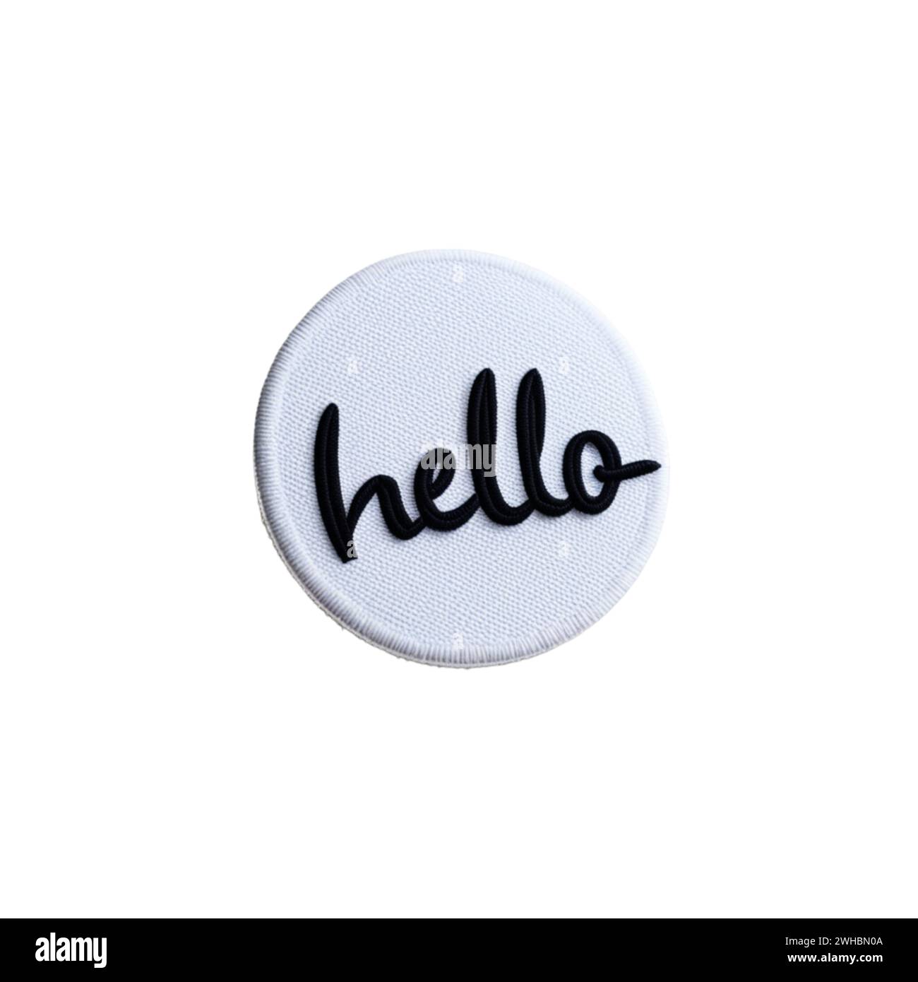 badge autocollant brodé avec le mot hello sur un fond transparent isolé Banque D'Images