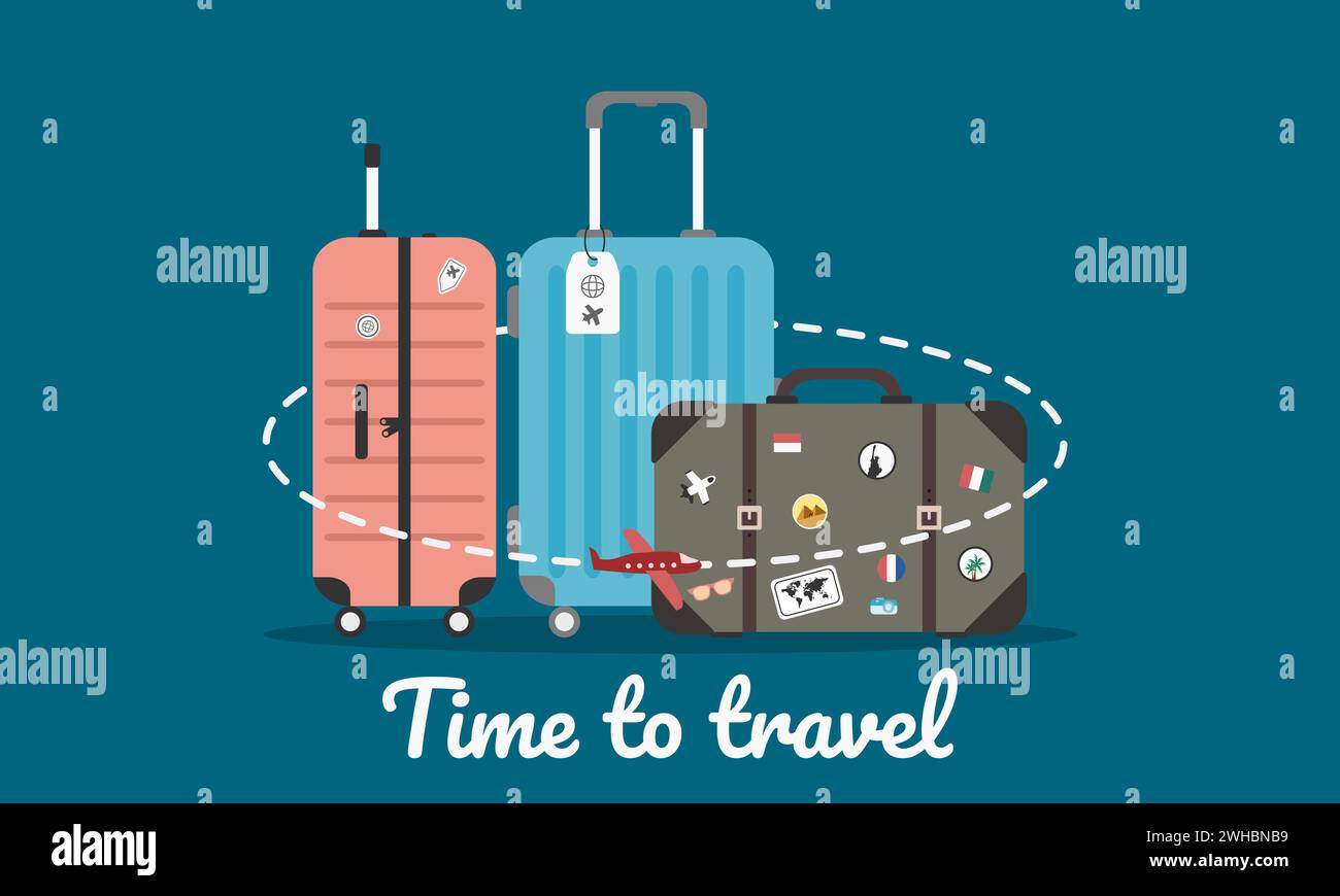 Concept de voyage avec bagage ou bagage et vieille valise en cuir vintage avec autocollants de voyage. Temps de voyager. Illustration vectorielle. Illustration de Vecteur