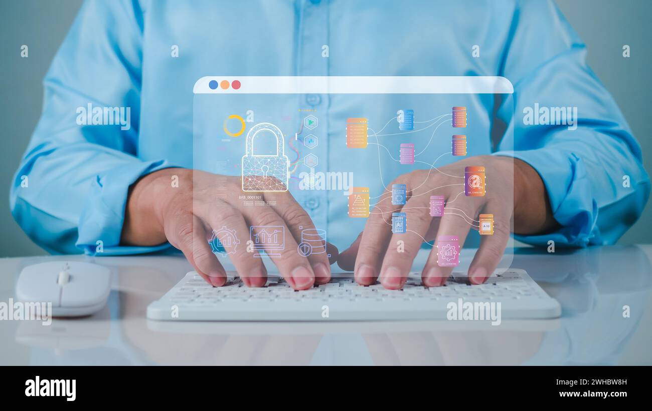Homme d'affaires utilisant la technologie de cryptage sécurisé informatique, la confidentialité de la cybersécurité de la protection des données, la sécurité de l'accès à Internet, le cryptage de sécurité de nous Banque D'Images