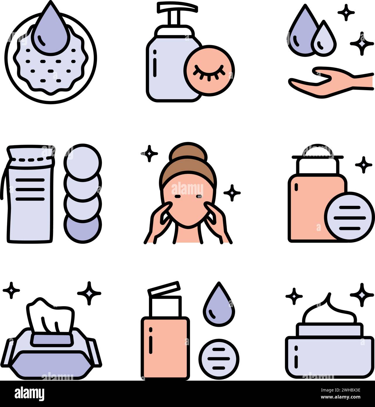 Démaquillage et icônes de soins de la peau. Ensemble d'enseignes de style simple. Visage, beauté, santé, femme, sain, masque, propre, fille, concept de nettoyage. Esthétique Illustration de Vecteur