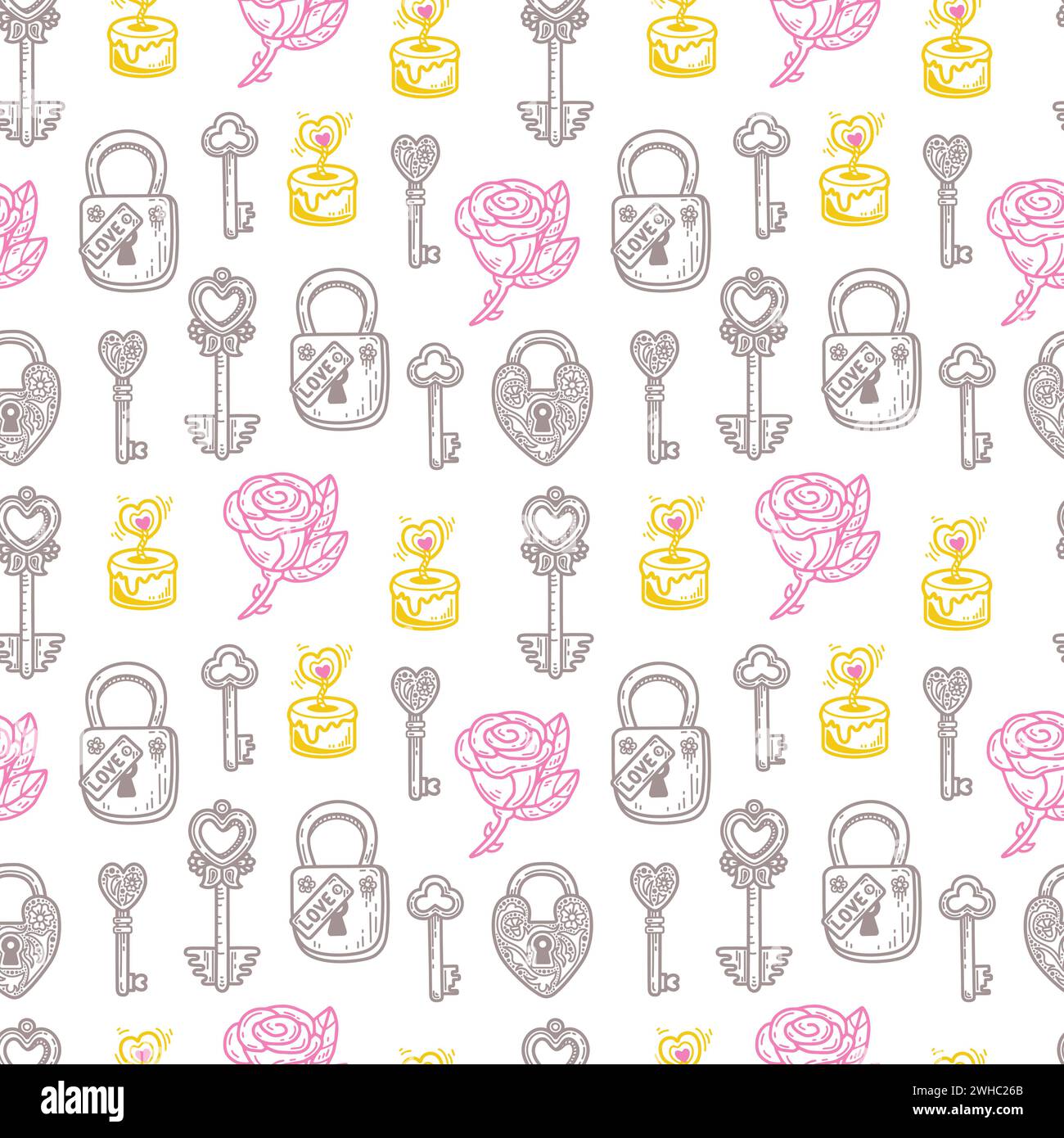 Modèle sans couture avec des dessins de contour de roses, clés, serrures, bougies sur fond blanc. Illustration de Vecteur