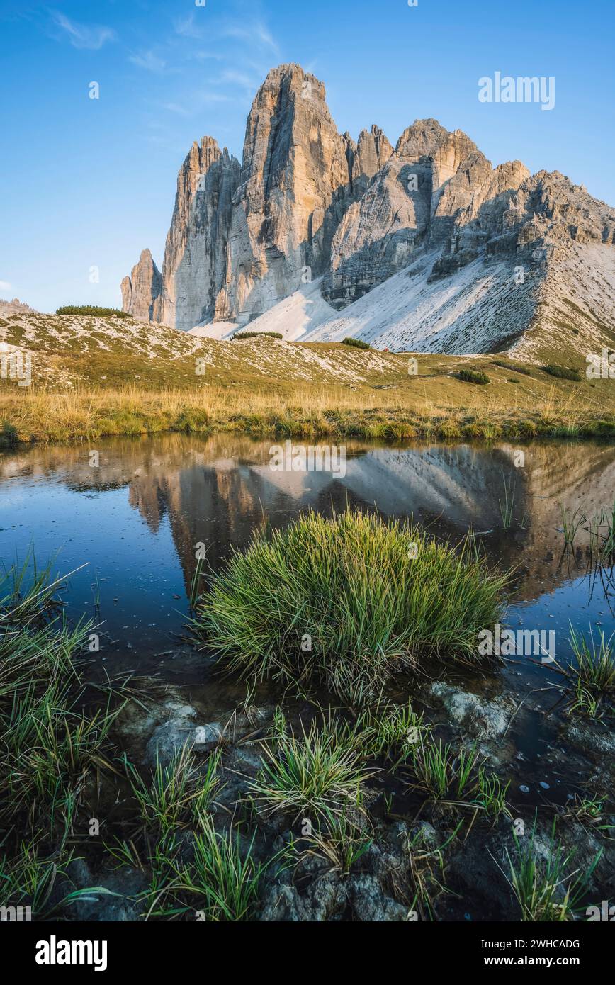 Célèbre Tre Cime di Lavaredo se reflète dans le petit étang, Dolomites Alpes montagnes, Italie, Europe.Monture Tre Cime dans les Dolomites. Banque D'Images