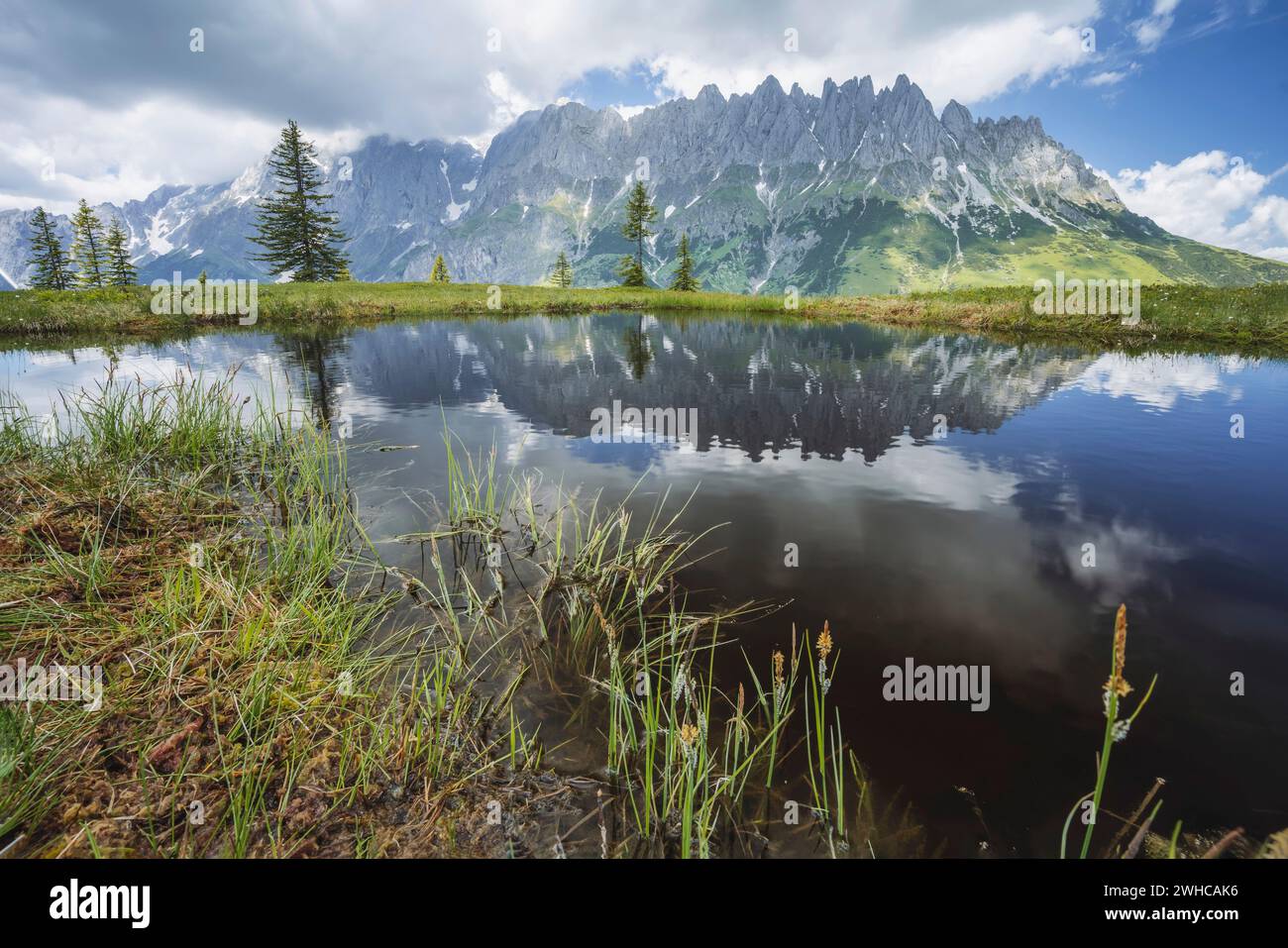 Étang de montagne avec la gamme Wilder Kaiser se reflétant dans l'étang d'eau, Tirol - Autriche. Banque D'Images