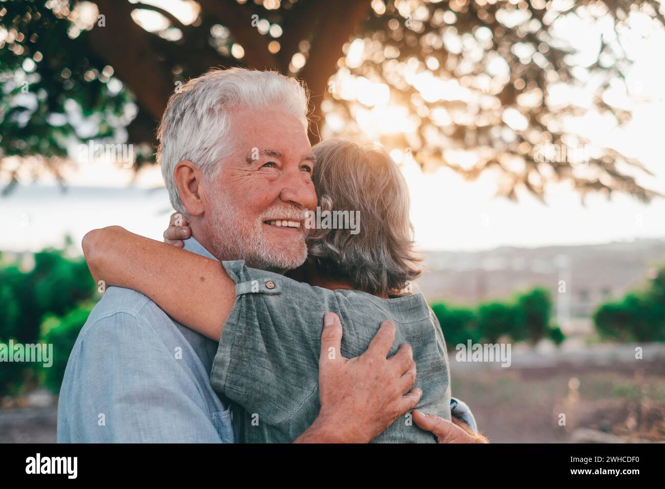 Portrait gros plan portrait heureux aux cheveux gris femme d'âge moyen blottie à son mari plus âgé souriant, profitant d'un moment tendre au parc. Lier aimant vieux couple de famille embrassant, sentant le bonheur. Banque D'Images