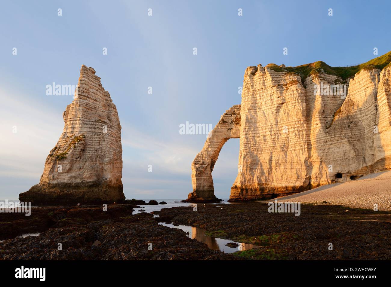 Falaises abruptes avec la porte rocheuse de falaise d'aval et l'aiguille rocheuse de l'aiguille díEtretat, Etretat, Côte d'Albâtre, Seine-maritime, Normandie, France Banque D'Images