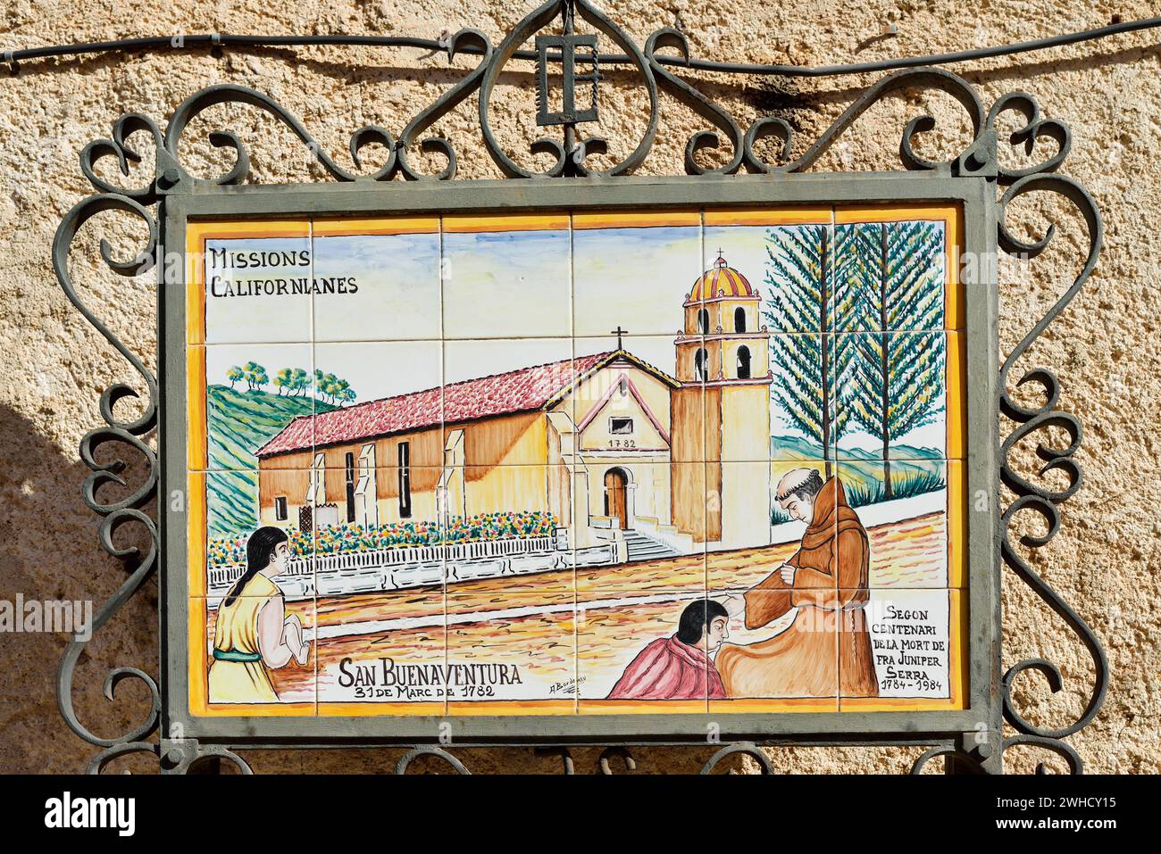 Plaque commémorative à Junipero Serra, fondateur de San Francisco, Petra, Majorque, Îles Baléares, Espagne Banque D'Images