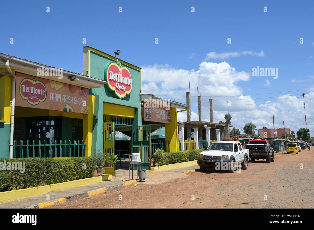 KENYA, société fruitière Del Monte Kenya Ltd., Cirio Del Monte Kenya possède une plantation d'ananas de 10 000 acres près de Thika, magasin de ferme d'ananas / KENIA, Del Monte Kenya betreibt eine 40 Quadratkilomètres große ananas Farm BEI Thika, Del Monte Farm Shop Banque D'Images