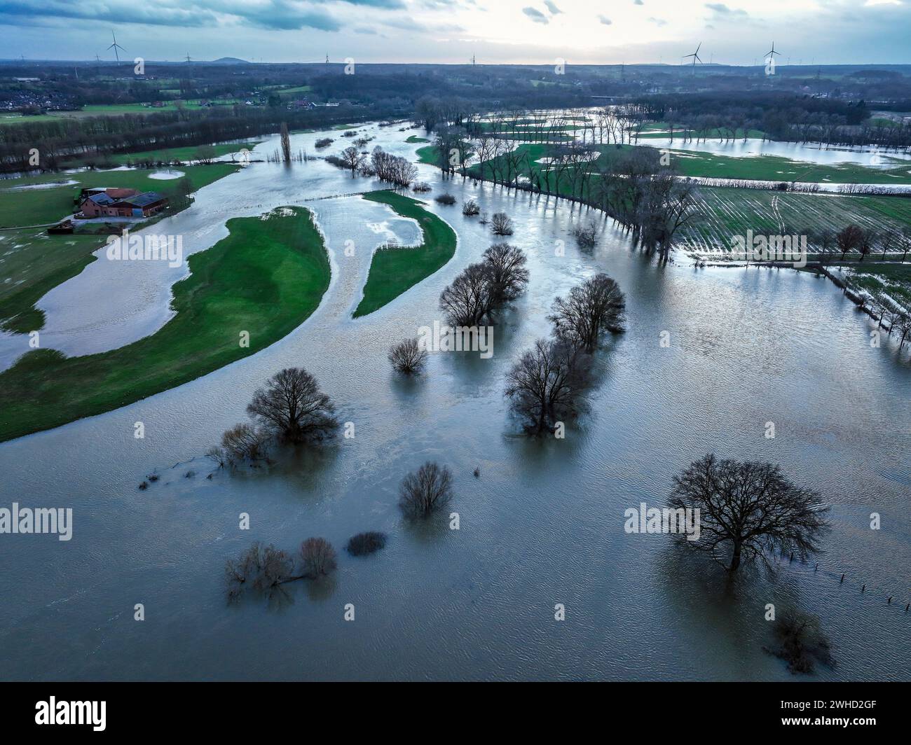 Dorsten, Rhénanie du Nord-Westphalie, Allemagne - inondation sur la Lippe, rivière dans la région de la Ruhr. Banque D'Images