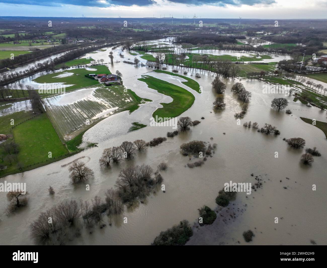 Dorsten, Rhénanie du Nord-Westphalie, Allemagne - inondation sur la Lippe, rivière dans la région de la Ruhr. Banque D'Images