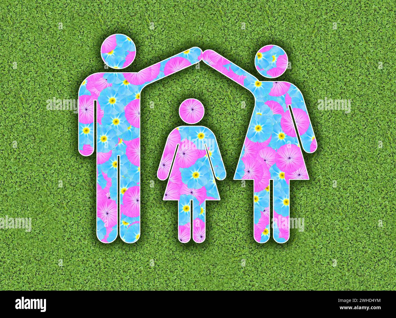 Pictogramme famille, homme et femme avec une fille, un enfant avec motif de fleur sur fond vert, graphique Banque D'Images