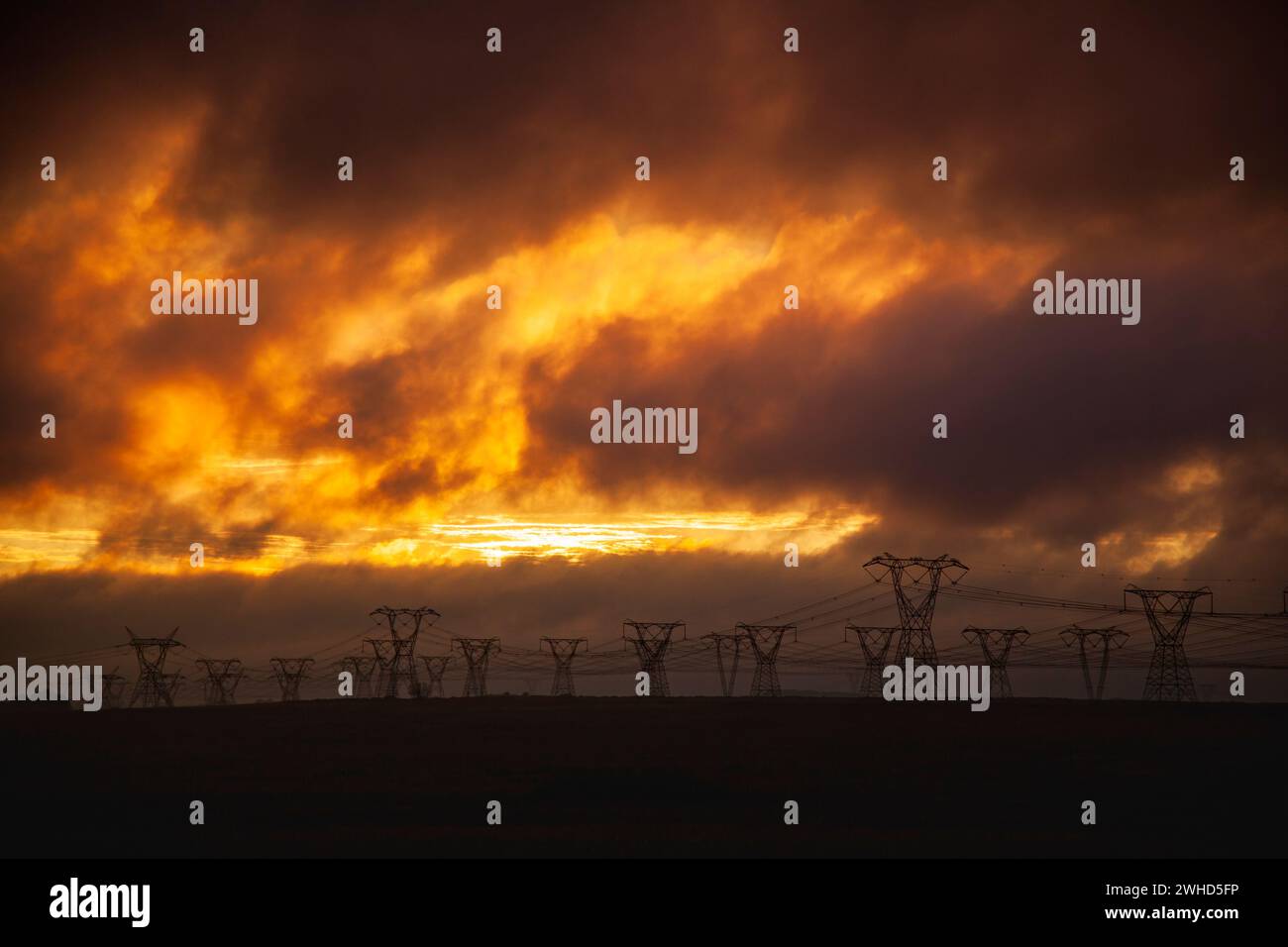 Afrique, nuages, aube, jour, Eskom, province de Gauteng, paysage, nature, ciel d'humeur changeante, nature, pas d'animaux, pas de gens, fond orange, à l'extérieur, puissance dans la nature, lignes électriques, rayons de soleil, réserve naturelle de Rietvlei, silhouette, ciel, Afrique du Sud, lumière du soleil, électricité, pylônes électriques, ligne électrique Banque D'Images