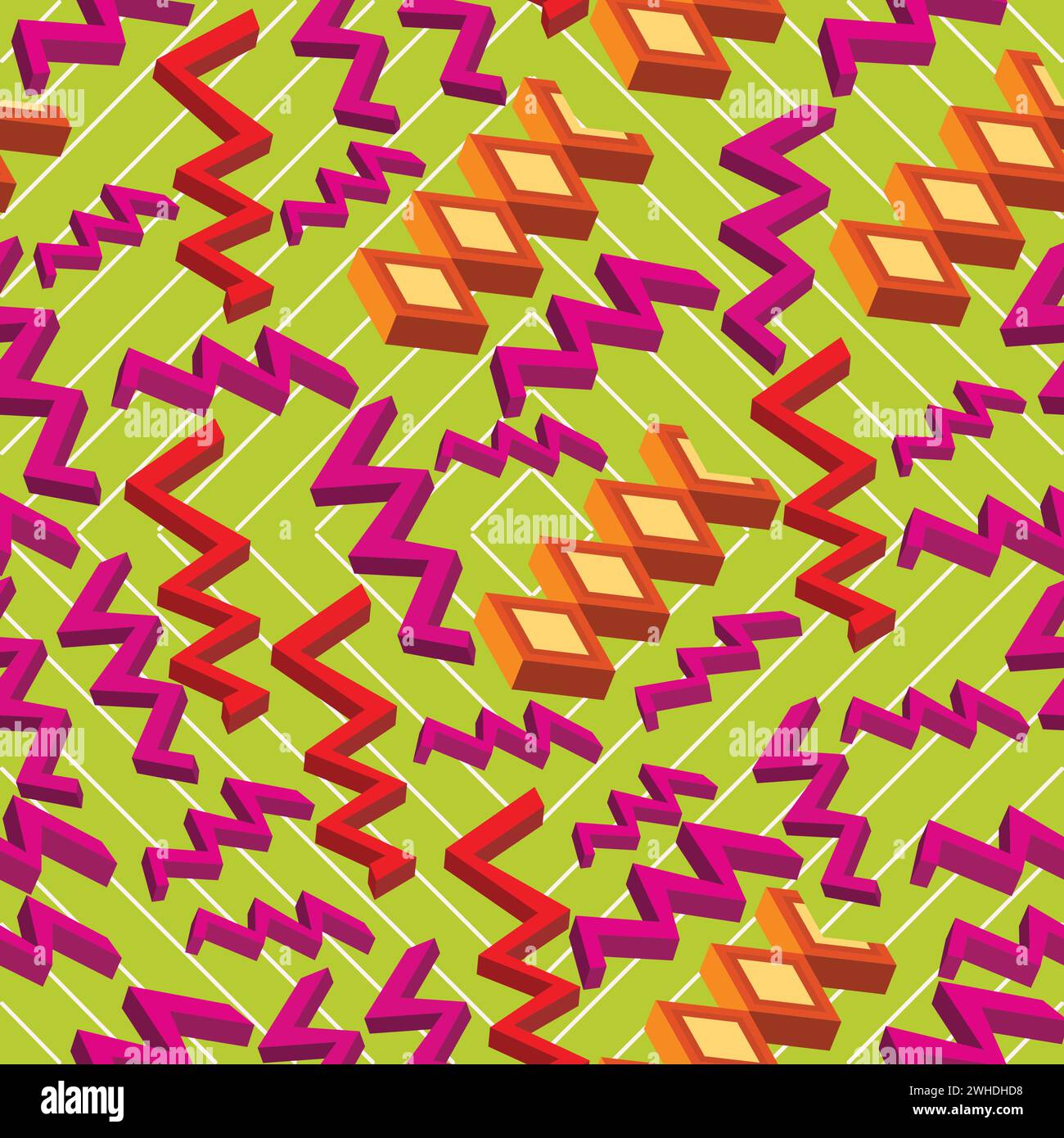 Modèle sans couture coloré créatif avec zig zag rose 3D ; conception colorée avec des formes tridimensionnelles et un fond vert Illustration de Vecteur