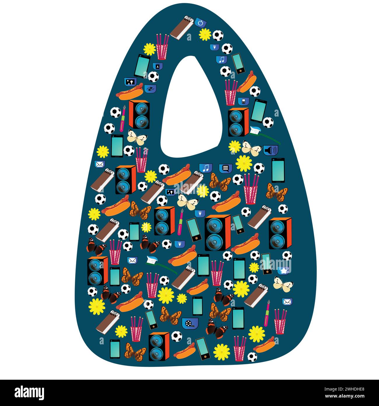 Contour bleu de sac à provisions avec de nombreux objets d'utilisation quotidienne ; vecteur de concept avec de petites icônes disposées en forme de sac à provisions ; icône de produit divers Illustration de Vecteur