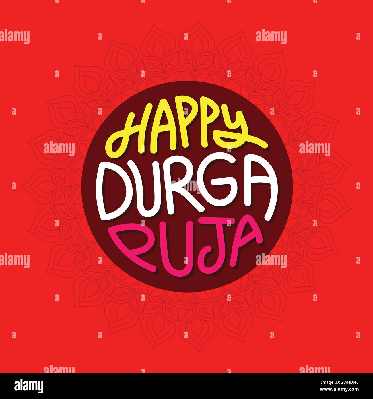 Durga Puja carte de voeux Bangla Typography Template Design. Conception de lettrage à la main de vecteur Durga Puja sur fond de couleur rouge pour célébrer Indian Annual Illustration de Vecteur