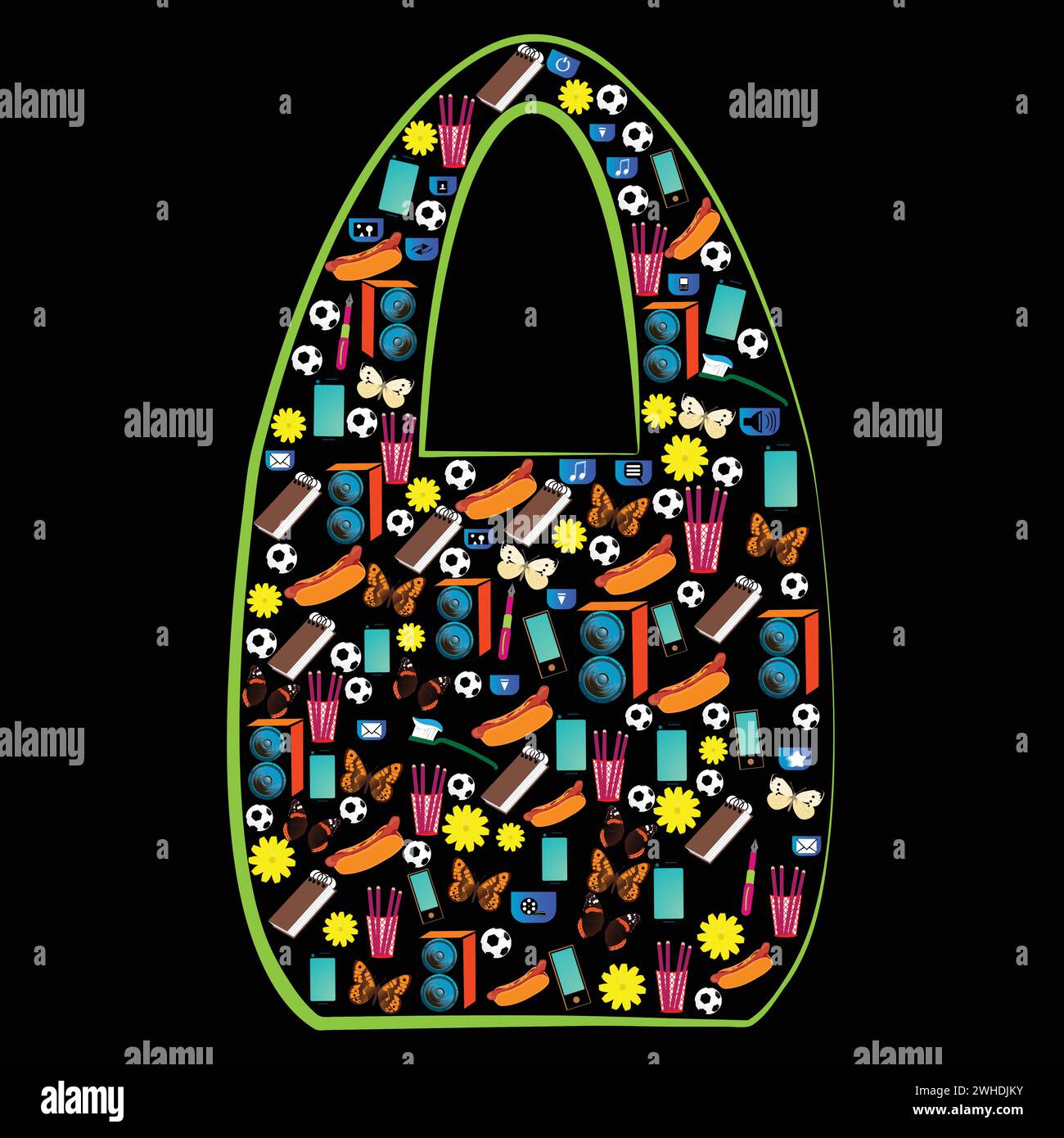 Sac à provisions avec de nombreuses icônes ; vecteur de concept avec de petites icônes disposées en forme de sac à provisions ; icônes de produits divers mis ensemble dans le shopping Illustration de Vecteur