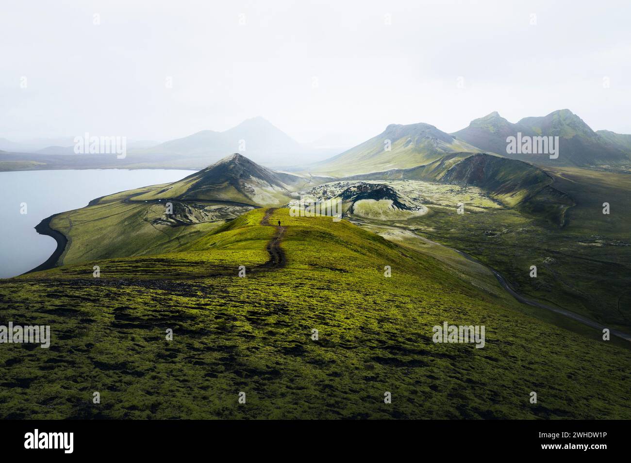 Vue sur les paysages volcaniques couverts de mousse, le lac Frostastaðavatn et le cratère volcanique Stútur près de Landmannalaugar, réserve naturelle de Fjallabak, sud Banque D'Images