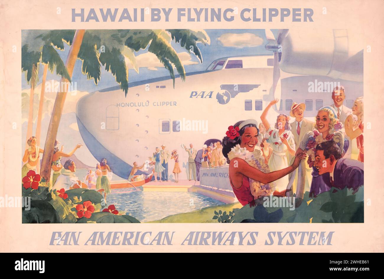 Affiche de voyage vintage de Pan American Airways - « Hawaii by Flying Clipper », mettant en vedette le Honolulu Clipper, un hydravion Boeing 314 Banque D'Images