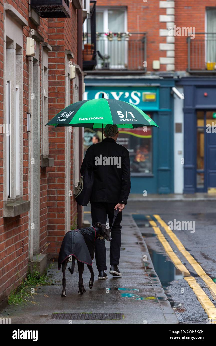 '10.07.2019, Irlande, Comté de Dublin, Dublin - homme avec un parapluie vert et chien un jour de pluie dans la ville. 00A190710D168CAROEX.JPG [AUTORISATION DU MODÈLE : NON, Banque D'Images