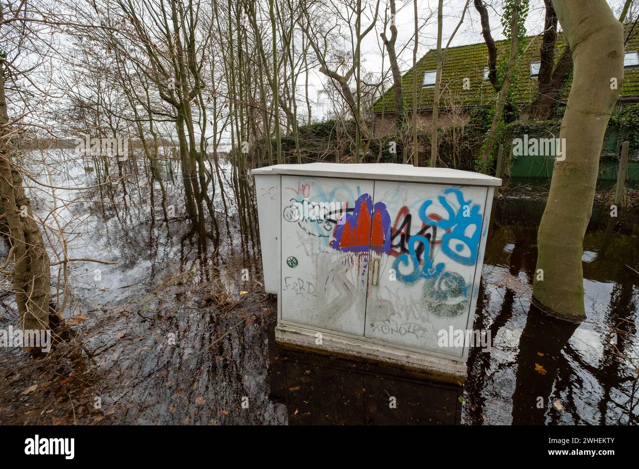 '28.12.2023, Allemagne, Brême, Brême - boîte de distribution inondée, crue au Wuemme, frontière entre Brême-basse-Saxe (direction vue). 00A231 Banque D'Images