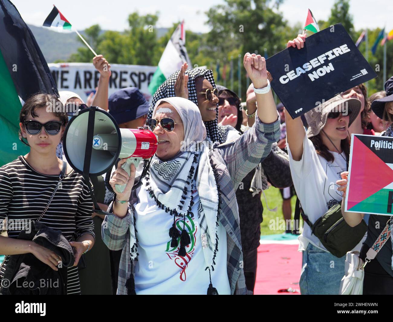 Australie, Canberra, Parlement, 6 février 2024. Les manifestants pro-palestiniens se rassemblent dans toute l'Australie pour exiger un cessez-le-feu et la fin de la guerre contre Gaza Banque D'Images