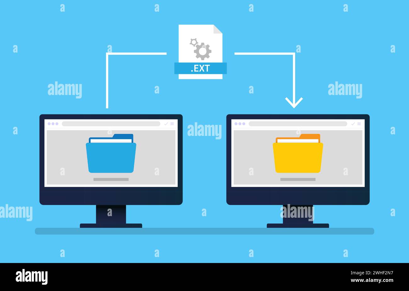 Ordinateur de transfert de fichiers entre deux concepts de moniteur. Illustration de Vecteur