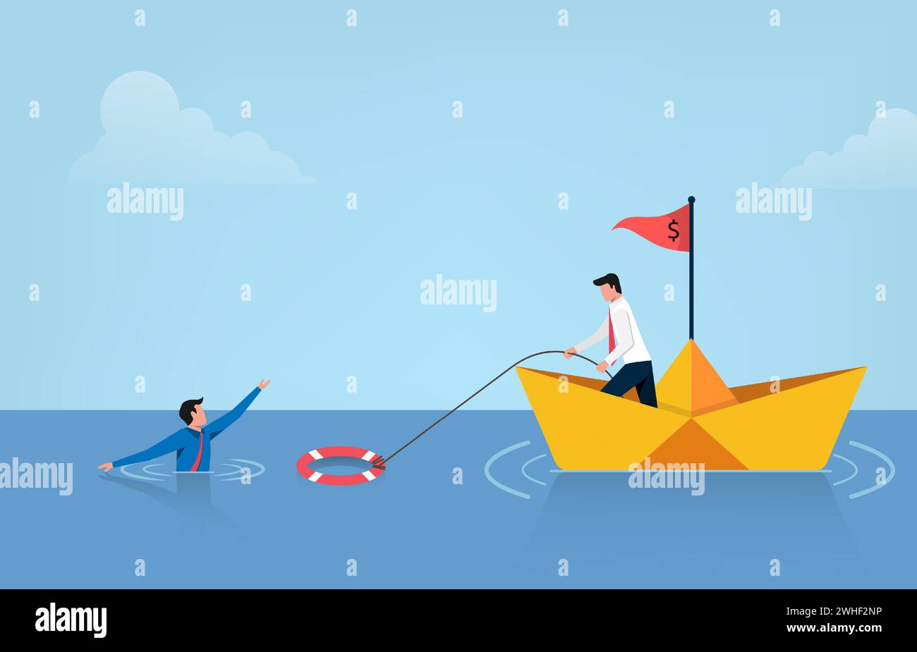 Aide d'affaires autre avec l'illustration vectorielle de bouées de sauvetage. Symbole de faillite et de sauvetage du gouvernement avec homme d'affaires sur bateau de papier et homme de noyade à Li Illustration de Vecteur