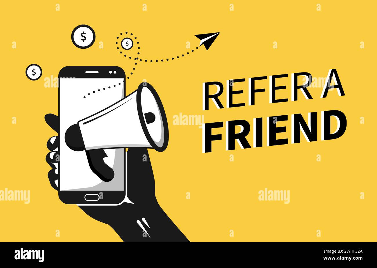 Main tenant un téléphone avec symbole mégaphone. Parrainer un concept d'ami Illustration de Vecteur