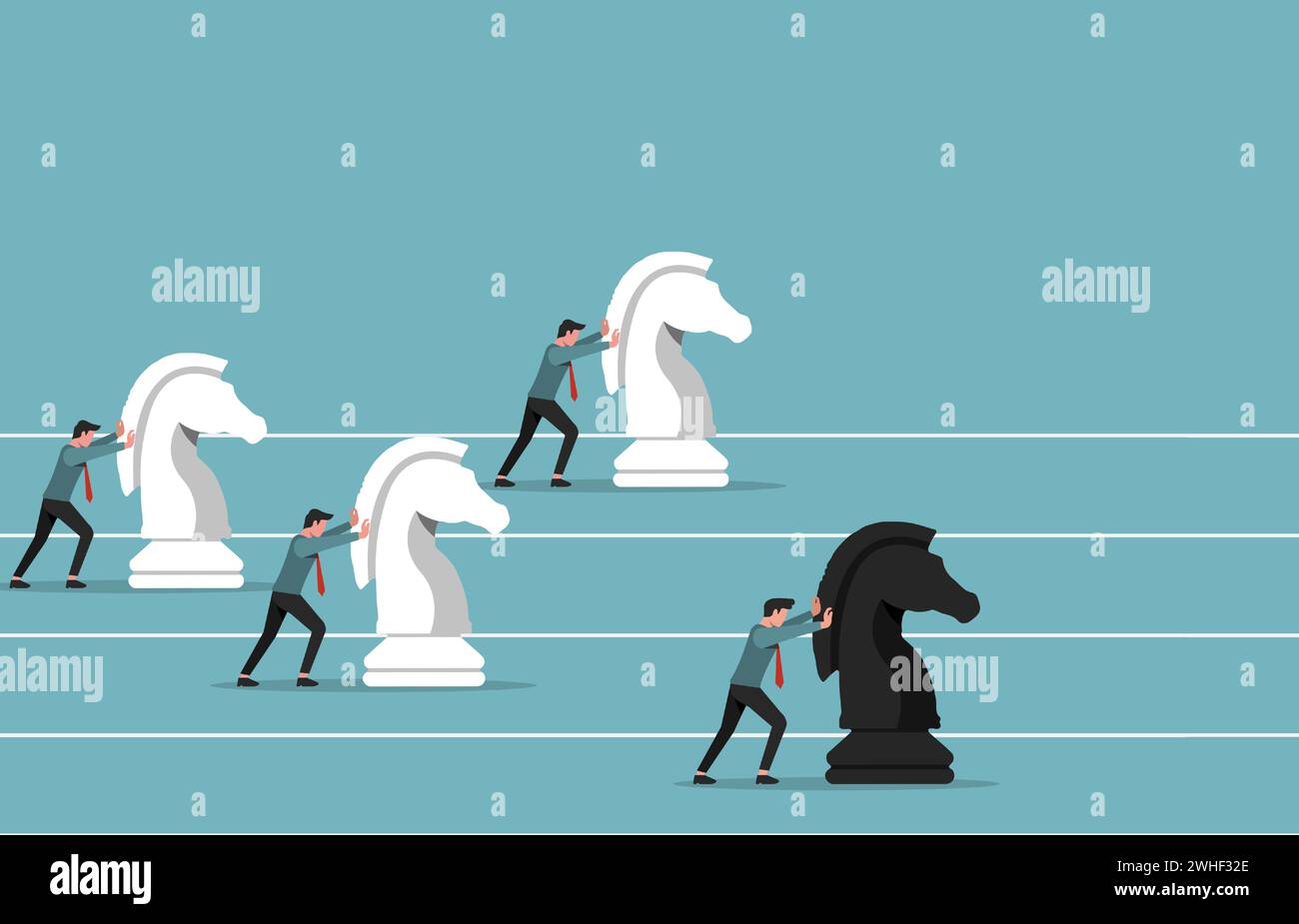 Hommes d'affaires poussant les pièces d'échecs de chevalier pour être une illustration vectorielle gagnante. Stratégie de concurrence dans le concept d'entreprise. Illustration de Vecteur