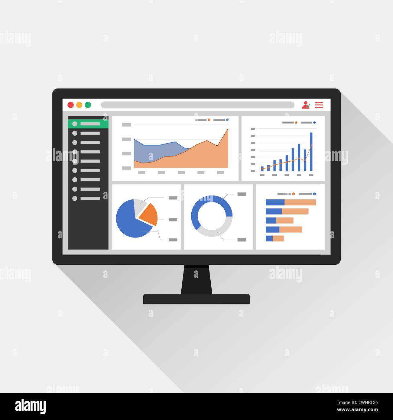 Informations analytiques Web sur l'icône de l'écran de l'ordinateur. concept de rapport des graphiques de tendance. tableaux statistiques pour la planification et la comptabilité, l'analyse, l'audit, la gestion Illustration de Vecteur