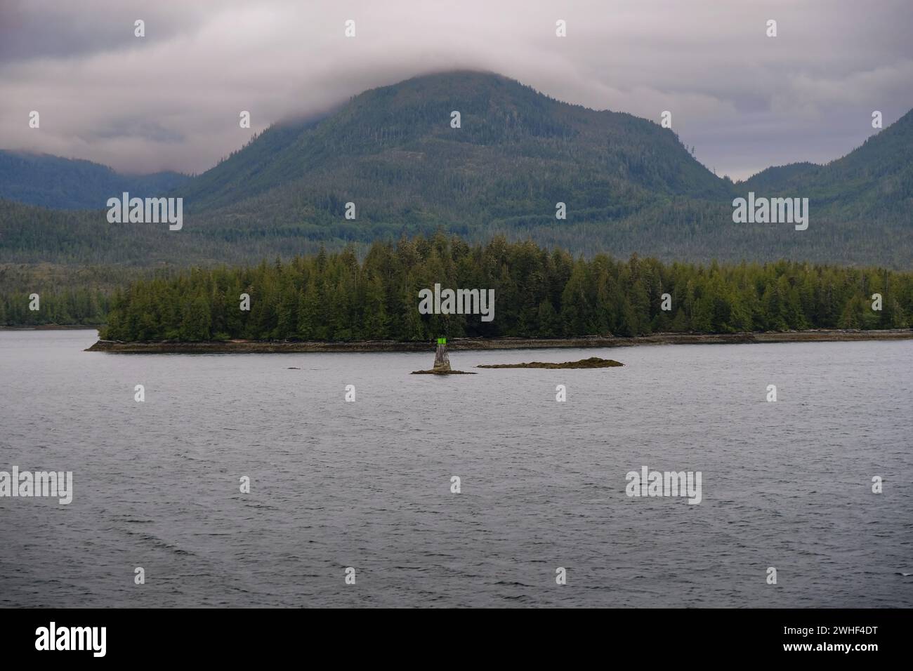 Dessus vert sur le marqueur de navigation nautique sous ciel nuageux dans le passage intérieur de l'Alaska Banque D'Images