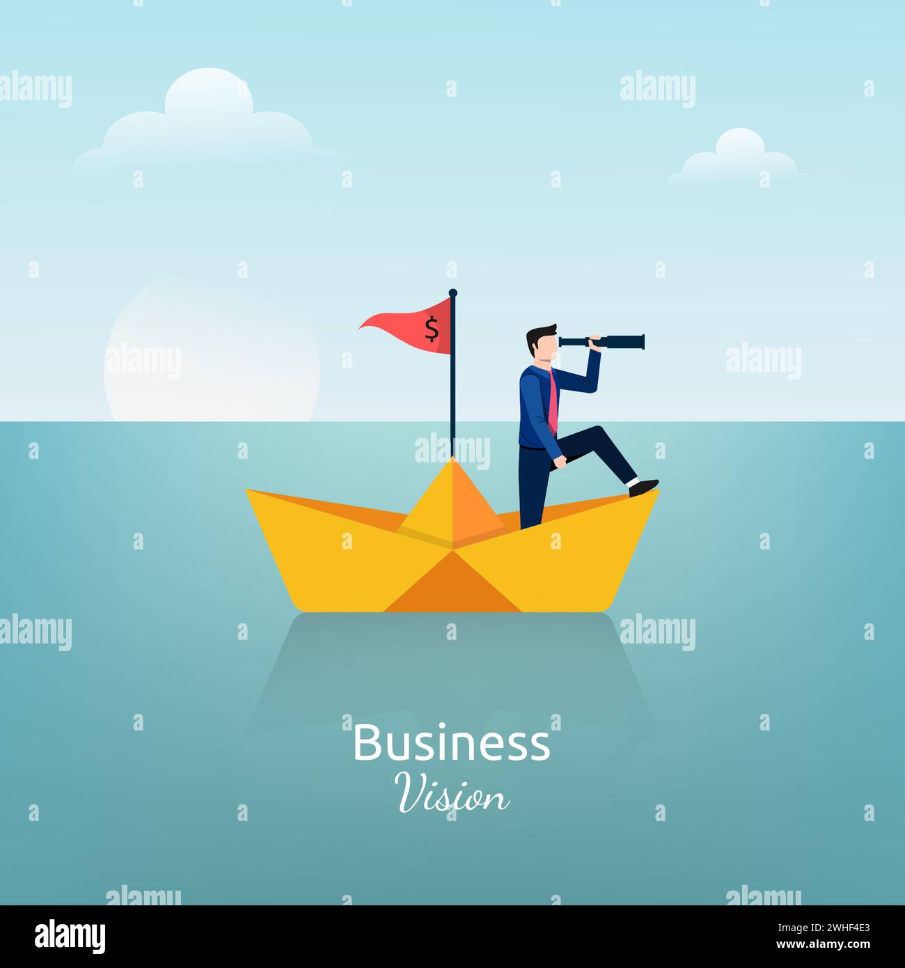 Homme d'affaires debout avec télescope sur le symbole de bateau de papier. Illustration vectorielle de vision commerciale Illustration de Vecteur