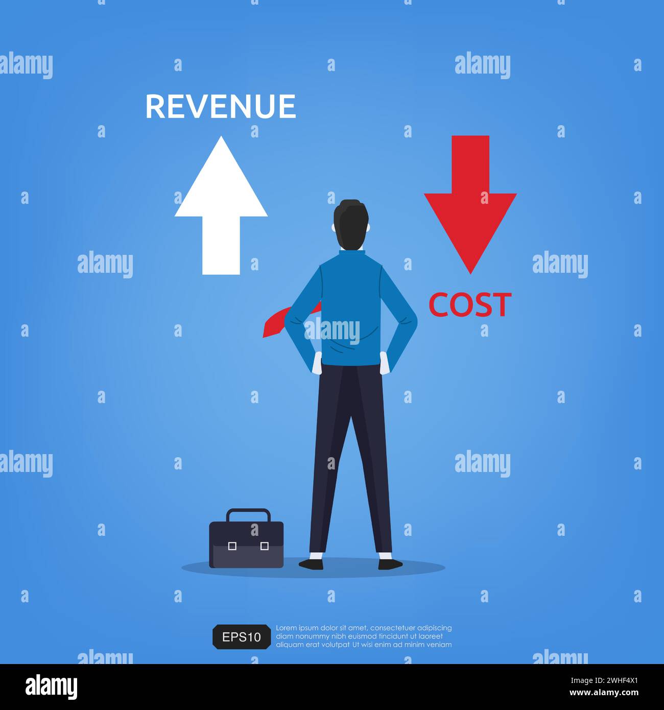 Homme d'affaires debout vues flèche haut et bas pour le chiffre d'affaires et le symbole de coût. Illustration vectorielle de concept d'entreprise Illustration de Vecteur