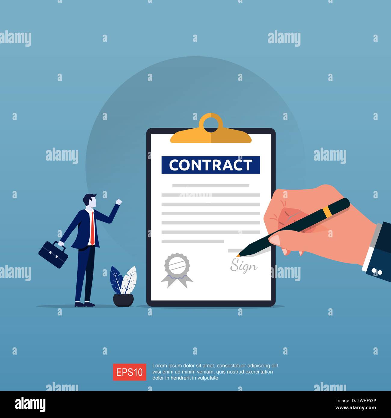 Grande main signant le document de contrat et l'homme d'affaires se sentent de la joie à cause de lui. Illustration vectorielle de contrat d'accord commercial Illustration de Vecteur