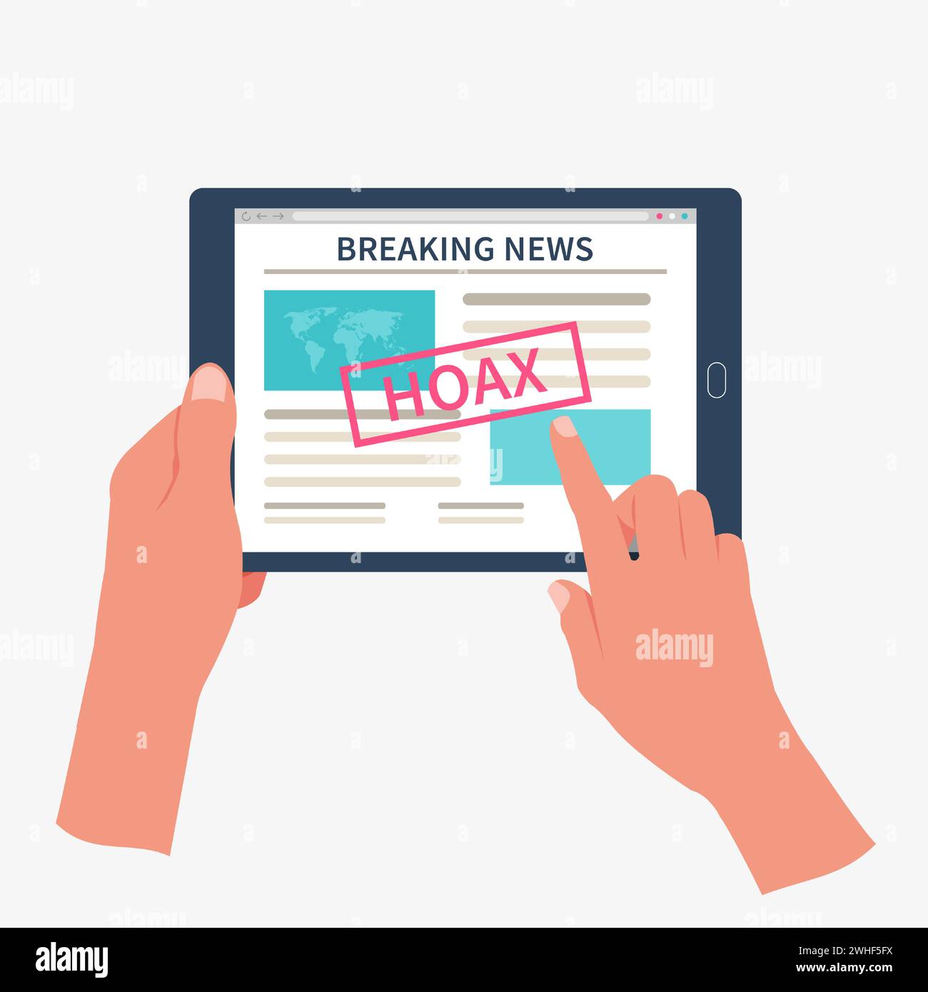 Mains tenant une tablette et lisant de fausses nouvelles. Propagande, désinformation et canular concept. Illustration de Vecteur