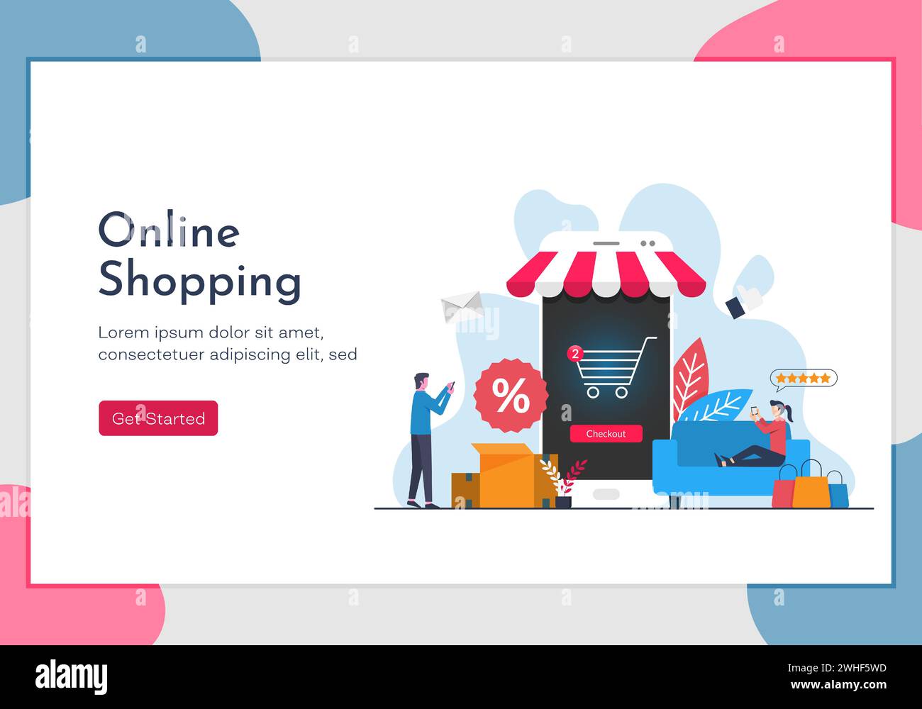 Concept d'achat en ligne avec des personnages de personnes à l'aide de leur gadget aux magasins. Modèle de page de destination d'une illustration de style de vie. Illustration de Vecteur