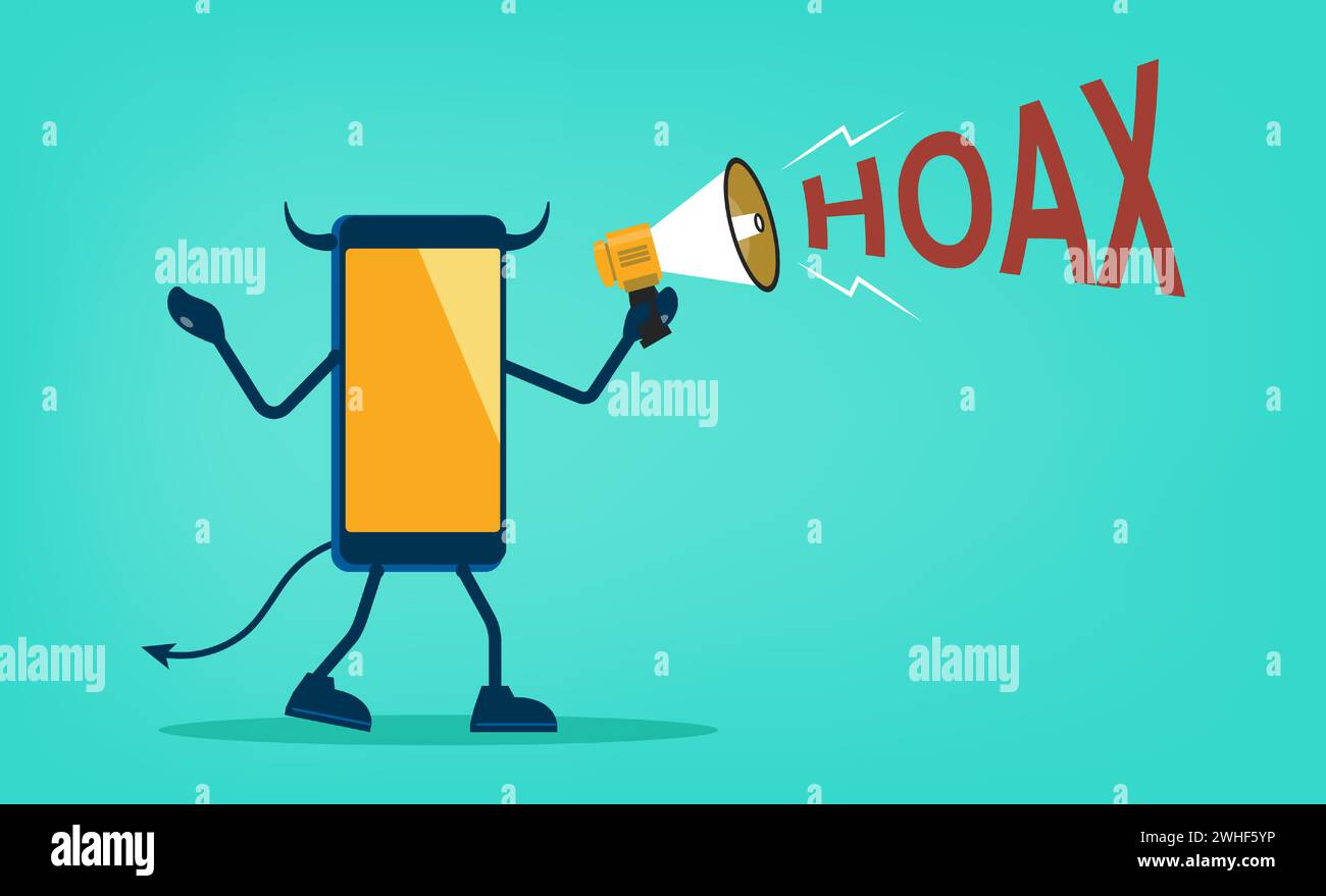 Personnage de smartphone criant à l'aide de mégaphone avec concept de texte canular. Canular fausses nouvelles ou messages illustration vectorielle plate. Illustration de Vecteur