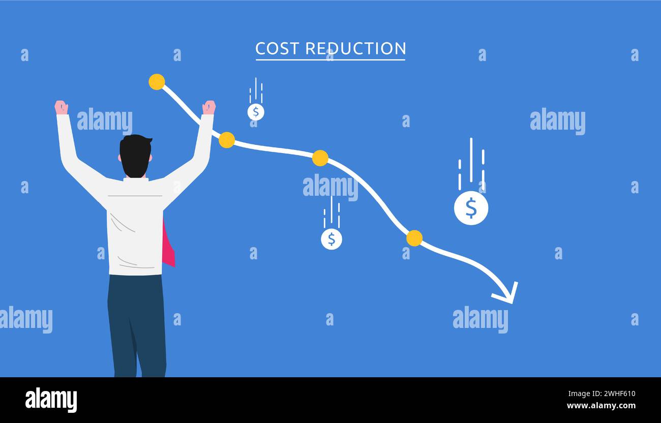 Réduction des coûts, réduction des coûts, optimisation des coûts concept métier. Homme d'affaires voit le graphique avec la courbe descendante et les pièces de monnaie tombe symbole. Illustration de Vecteur
