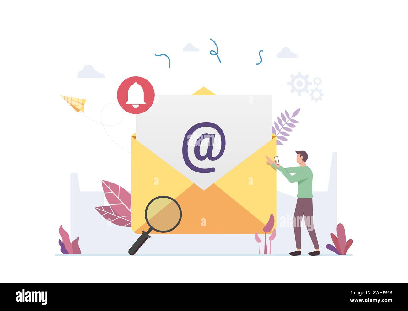 concept de vérification d'e-mail, homme vérifiant l'e-mail, notification de nouveau message entrant Illustration de Vecteur