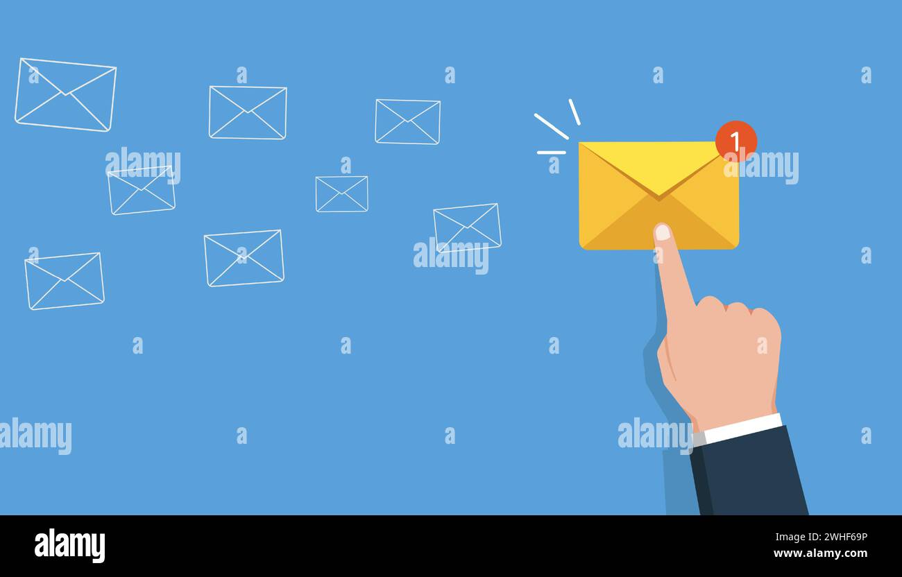 Concept d'email, pointage du doigt sur l'email avec symbole de notification Illustration de Vecteur