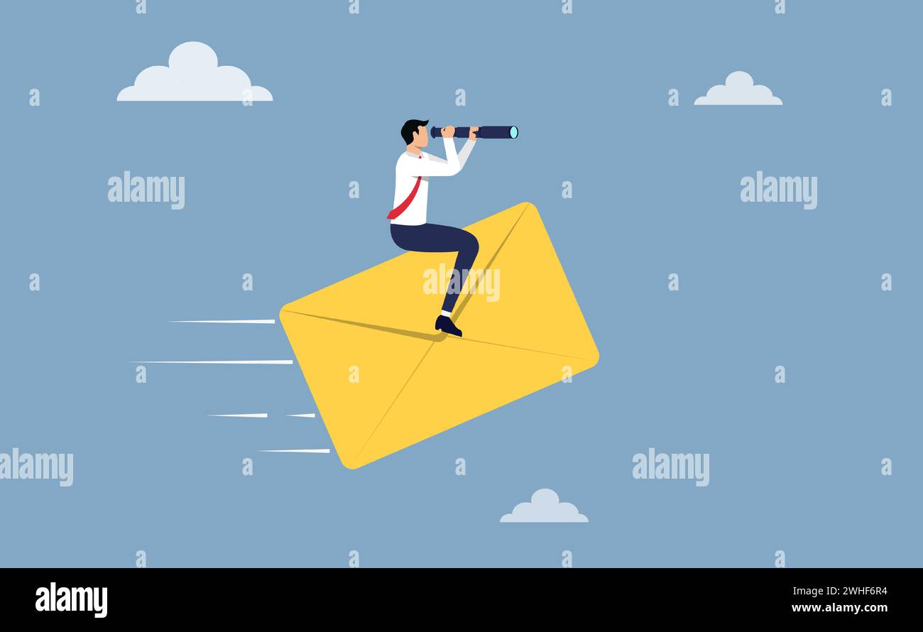 Contactez-nous, email, concept de service à la clientèle. Homme d'affaires tenant le télescope sur l'illustration vectorielle d'enveloppe de courrier Illustration de Vecteur