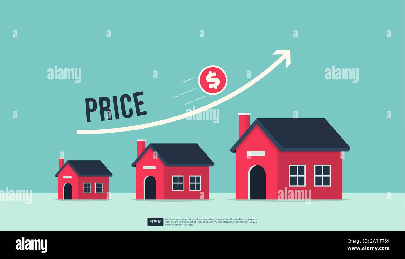Hausse du prix du logement, immobilier ou concept de croissance de la propriété avec flèche de courbe ascendante Illustration de Vecteur
