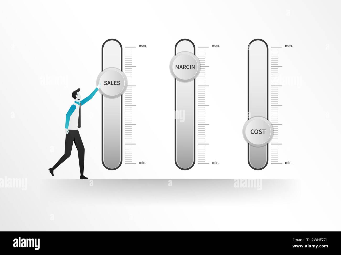 Concept de rentabilité. Panneau de contrôle des processus métier pour les ventes, la marge et les coûts. Homme d'affaires ajuster un mélangeur de niveaux de rentabilité. Profit et affaires Illustration de Vecteur