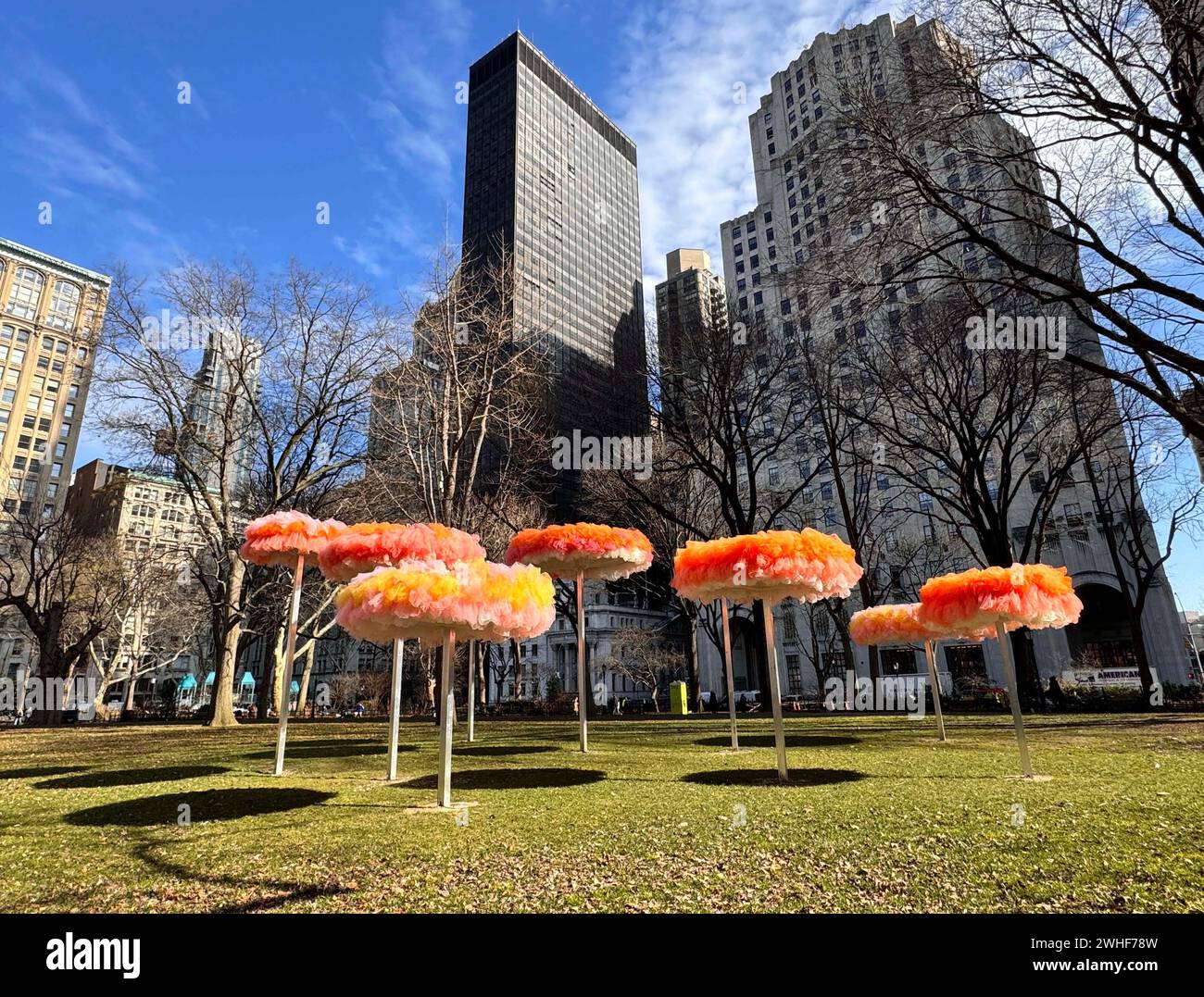 New York, New York, États-Unis. 9 février 2024. Une vue de l'exposition d'art publique de l'artiste Ana Maria Hernando ''˜to Let the Sky Know/ Dejar que el cielo sepa' tenue au Madison Square Park à Nomad. Ana Maria Hernando utilise le tulle, un filet de tissu, pour créer des sculptures inspirées de formes naturelles et transformées par le processus de couture. (Crédit image : © Nancy Kaszerman/ZUMA Press Wire) USAGE ÉDITORIAL SEULEMENT! Non destiné à UN USAGE commercial ! Crédit : ZUMA Press, Inc/Alamy Live News Banque D'Images