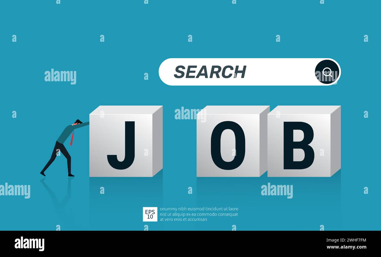 À la recherche d'un nouvel emploi, trouver une opportunité et chercher un nouveau défi, homme d'affaires pousser des cubes avec le travail de lettre Illustration de Vecteur
