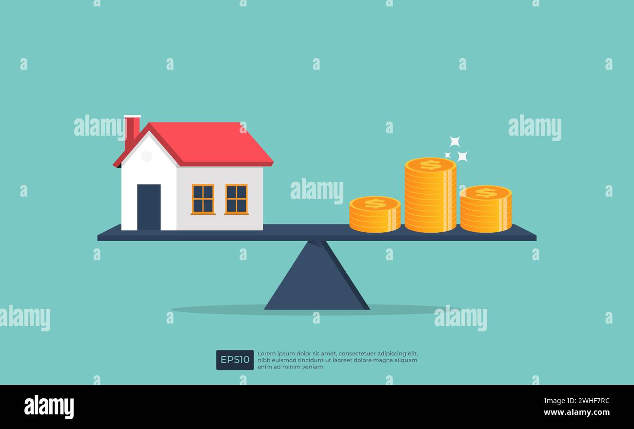 Equilibre maison et pièce de monnaie sur bascule. Investissement hypothécaire d'affaires immobilières et concept de prêt financier. illustration vectorielle de propriété immobilière Illustration de Vecteur