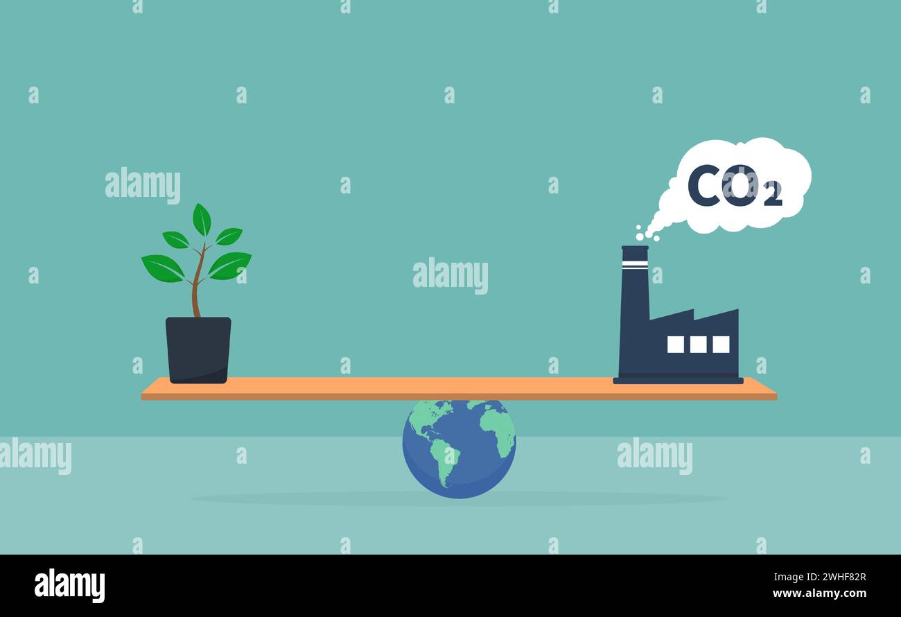Émission de carbone et concept d'énergie propre, ressources durables, préoccupation pour les questions environnementales, équilibre du globe entre plante verte et exhau CO2 Illustration de Vecteur