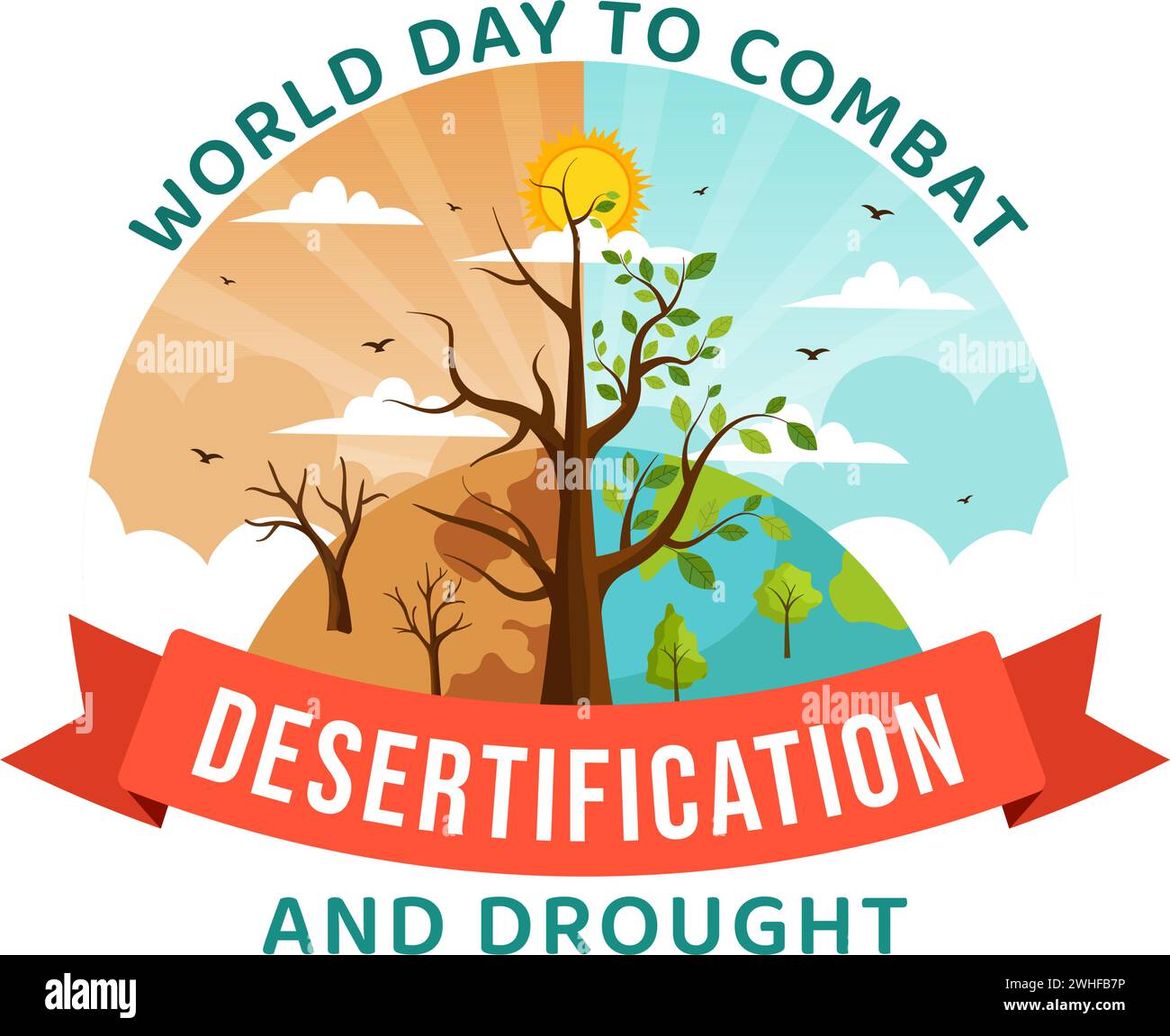 Journée mondiale de la lutte contre la désertification et la sécheresse illustration vectorielle avec transformer le désert en terres fertiles et pâturages dans la nature fond plat Illustration de Vecteur