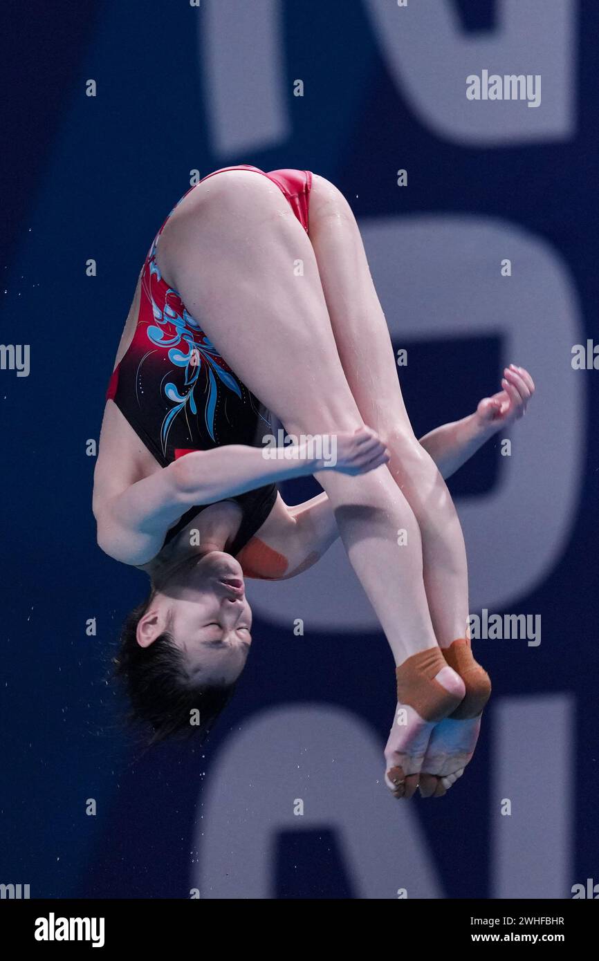 Doha. 9 février 2024. La chinoise Chang Yani participe à la finale féminine de tremplin du 3m des Championnats du monde de natation 2024 à Doha, Qatar, le 9 février 2024. Crédit : du Yu/Xinhua/Alamy Live News Banque D'Images