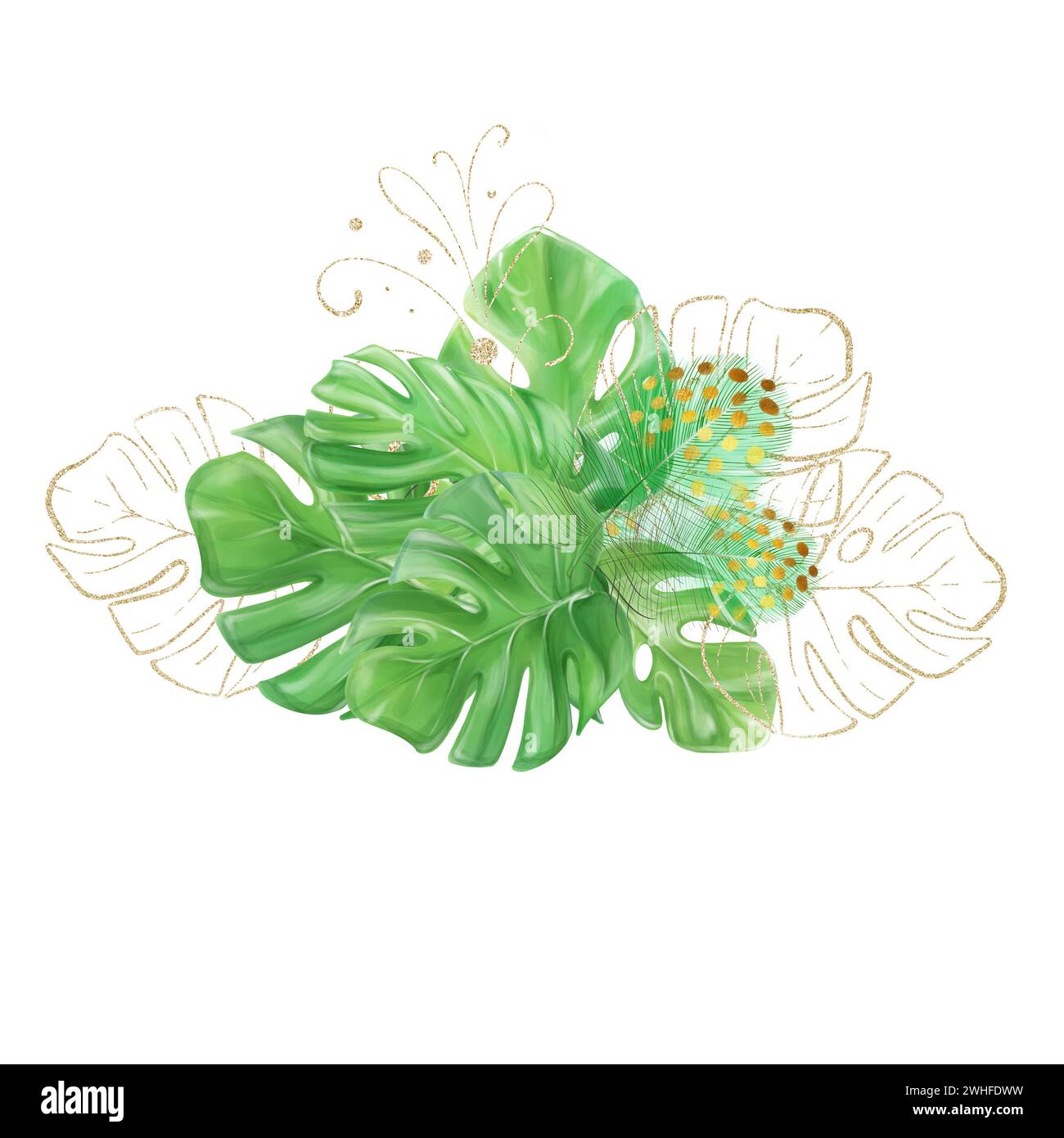 Bouquet tropical aquarelle avec feuilles de monstera dans un style romantique et luxueux avec des éléments dorés. Pour créer la conception de mariage, bannières, cartes postales, salut Banque D'Images